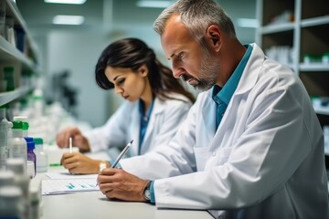 Female pharmacist and senior colleague reviewing inventory in a drugstore setting