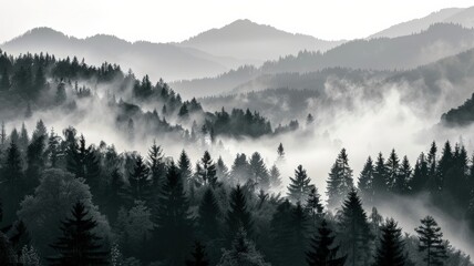 Fototapeta premium Misty Mountain Forest Silhouette with Layers of Trees and Fog