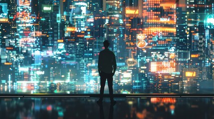 The technology-driven business world involves people connecting through digital networks and computers, emphasizing the role of innovation in modern commerce.