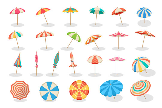 Umbrellas. Colored different views of beach umbrellas for sun protection recent vector cartoon set isolated