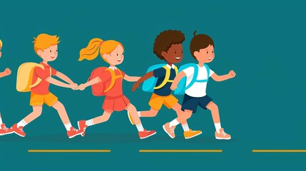 Illustration of happy kids with backpacks holding hands and running. Diverse group, friendship, learning, fun, back to school concept.