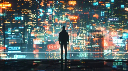 Fototapeta premium A digital businessman uses a computer to navigate the internet, showcasing modern technology and networking in a dynamic business environment.