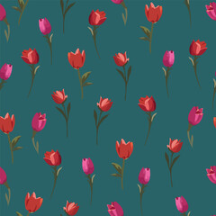 Floral Seamless Pattern with Tulip Flowers. Botanical Textile Motive Seamless Vector Texture. Floral Elegant Wallpaper Template with Small Tulip Flowers for Surface Design, Prints. 