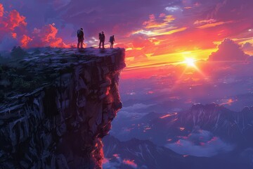 Group of explorers testing new flight gear, cliffside, sunset, dynamic, digital painting