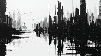 A sleek futuristic cityscape depicted in black silhouette, showcasing thin strokes of urban buildings and skyline, creating a modern and dynamic illustration.