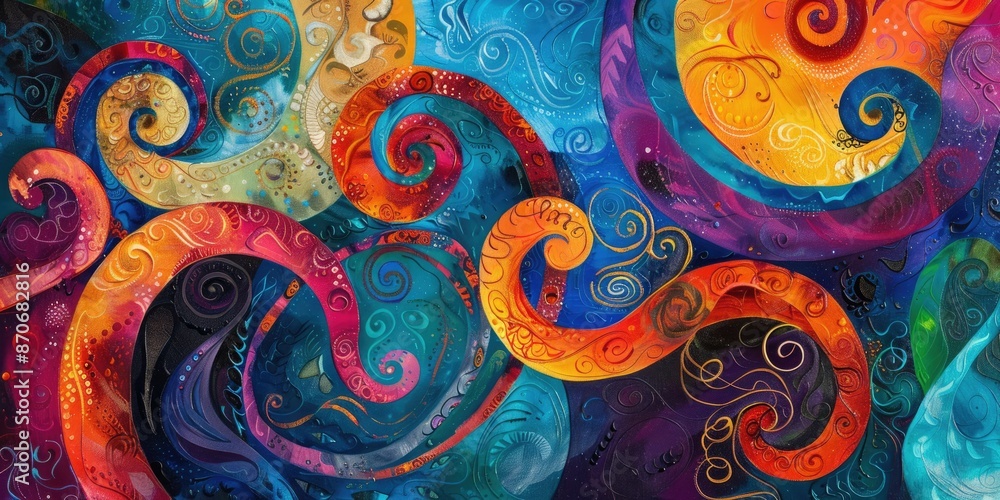 Poster dynamic and colorful abstract art featuring vibrant swirls and patterns that create a visually stunn