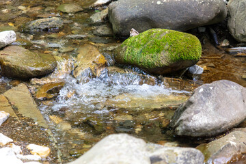 Mountain river with stones in summer
