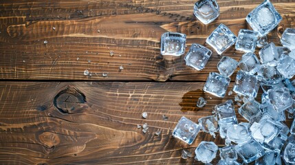 Top view of ice cubes on a bar table, showcasing their cold, blue-tinged clarity and abstract beauty against the white surface.