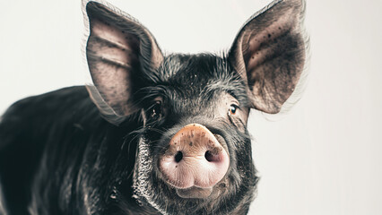 close-up photo portrait of the farm animal - black pig looking in camera on the white studio background