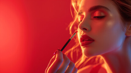 Lady putting a makeup, red background