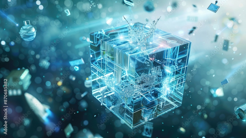 Poster an explosion of colorful abstract digital data elements occurs inside a crystal cube in a futuristic