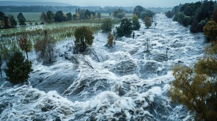 A river overflowing its banks, flooding nearby forests and fields with swirling currents and debris.
