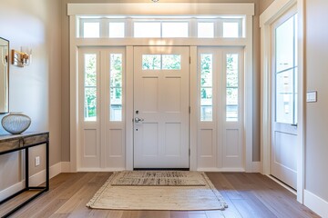 Fototapeta premium Doors for modern interior. Closed wooden door, in the empty hall. Front door entrance to grand house. Element of apartment design. Countryside cottage double front wood entry Doors with glass panels