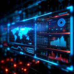 Fototapeta premium A high-tech data dashboard displaying global analytics and charts, representing advanced technology and data visualization in a futuristic setting.