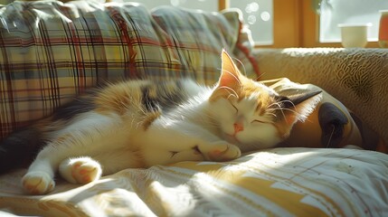 A sleepy  cat stretching on a pillow