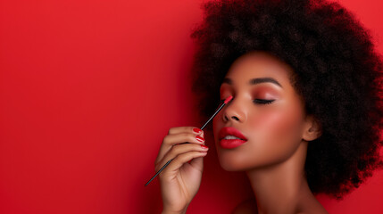 Obraz premium Lady putting a makeup, red background