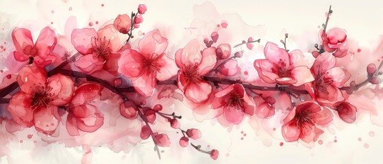 Traditional Japanese ink wash painting showing pink flowers in bloom, evoking the beauty of spring and natural floral elegance.