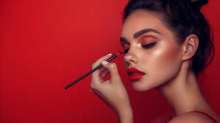Fototapeta premium Lady putting a makeup, red background
