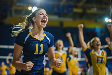 A jubilant female volleyball player celebrates a victorious moment during a match. Her excitement and enthusiasm are evident, with teammates in the background sharing in the joy.