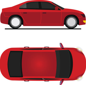 a red sedan car in side and top view flat illustration, silhouette, line art