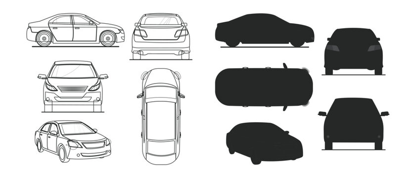 car in different view Side front back and top view silhouette flat illustration