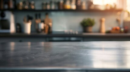 Modern kitchen interior with a sleek, clean stainless steel countertop and blurred background, perfect for culinary and home decor themes.