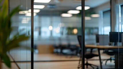 Modern office space with glass walls, desks, and computers, creating a productive work environment.