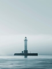 A lighthouse positioned in the middle of a blue background, with a minimalist wind effect and expansive white space surrounding it. copy space