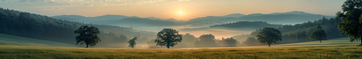 A panoramic of a forest and mountain landscape, capturing the essence of nature with green grass and trees, showcasing serene natural beauty.