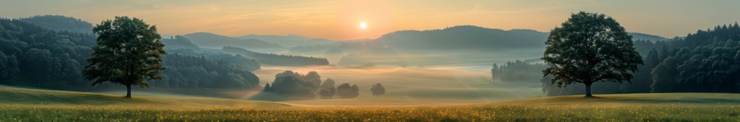 Fototapeta premium A panoramic of a forest and mountain landscape, capturing the essence of nature with green grass and trees, showcasing serene natural beauty.