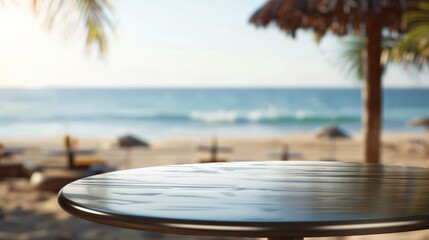 Obraz premium Wooden table with beach view in the background, tropical vibes and serene ocean waves under bright sunlight. Perfect vacation scene.
