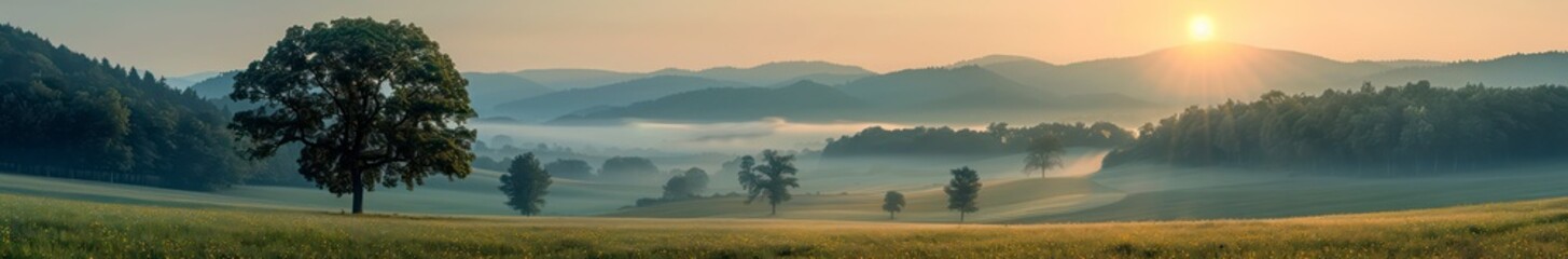 Fototapeta premium A wide-angle view of a forest and mountain landscape, capturing the essence of nature with green grass and trees, showcasing serene natural beauty.