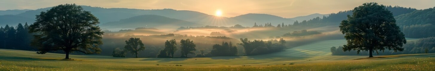 Obraz premium A wide-angle view of a forest and mountain landscape, capturing the essence of nature with green grass and trees, showcasing serene natural beauty.