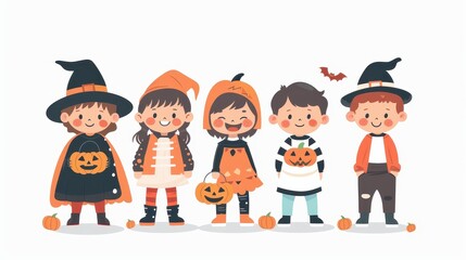 A group of children dressed in Halloween costumes are posing for a picture