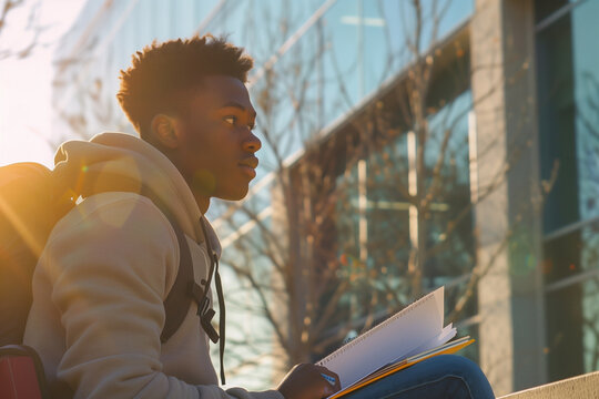Back to school concept. Solo high schooler on a bench with his textbooks open enjoying the outdoor morning sun.