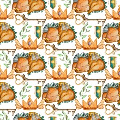 Seamless children's pattern about a medieval sleeping dragon, a golden heart-shaped key and a royal crown with wings