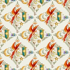 Seamless pattern for a design with a phoenix with a golden key and a medieval banner in the form of a diamond