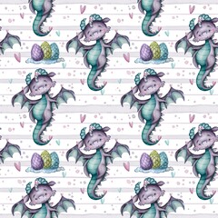 Seamless children's striped pattern with a little dragon