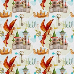 Seamless Children's Pattern about a medieval mythical Phoenix bird and a castle