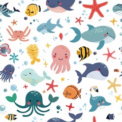 Whimsical Seamless Pattern of Adorable Sea Creatures Delighting the Eye
