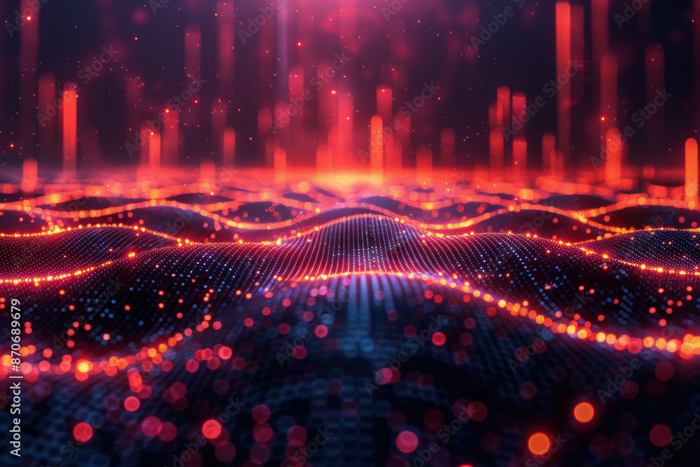 Poster abstract digital landscape with glowing red and orange lights. futuristic data visualization concept