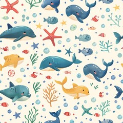 Naklejka premium Whimsical Marine Life Characters Repeating Pattern for Kids' Design Projects