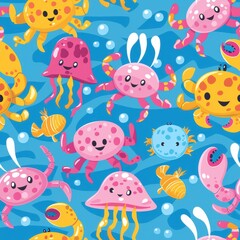 Vibrant Underwater Harmony - Seamless Pattern of Adorable Jellyfish and Crabs in a Colorful Marine World