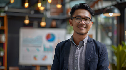 Stylish Asian Malay Businessman Presenting Infographic in Office Meeting