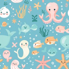 Enchanting Seamless Illustration of Adorable Sea Creatures in a Whimsical Underwater World