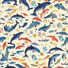 Playful underwater world with whimsical fish and dolphins in a delightful repeat pattern