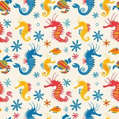 Vibrant Marine Life Seamless Pattern with Charming Seahorses and Playful Crabs
