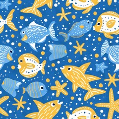 Underwater Delights: Charming Fish and Starfish Repetitive Pattern Illustration