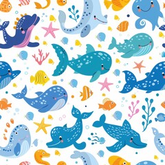 Playful Sea Creatures Seamless Pattern with Cute Marine Animals Swimming in a Joyful Design