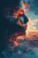 Digital art of a human profile blending with surreal cloudscape, creating dreamy, ethereal atmosphere with vibrant colors and mystical feel.